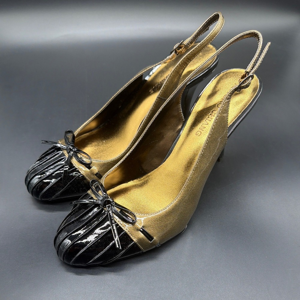 Arturo Chiang Womens AT-GLITZ Gold Leather Black Patent Slingback Pumps Size 9M